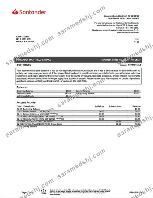 USA Santander Bank statement Word and PDF template